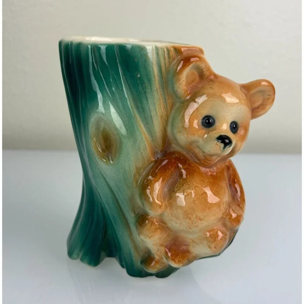 Vintage Royal Copley Bear & Tree Trunk Planter Vase Green Brown Animal Decor